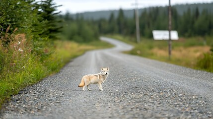 Fototapeta premium A Wolf Stands On A Gravel Road Near A Forest