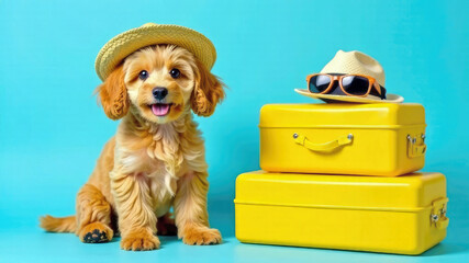 Happy dog in straw hat and sunglasses sitting near yellow siutcase on blue background. Vacation with pets. Concept of travel and life with animal. Pet friendly hotels, rent apartment