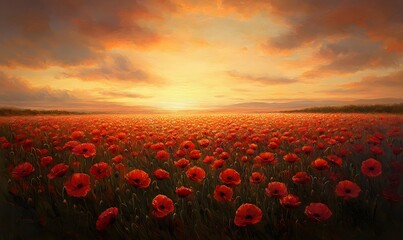 A breathtaking sunset over a vast field of vibrant red poppy flowers painting a warm and beautiful scene