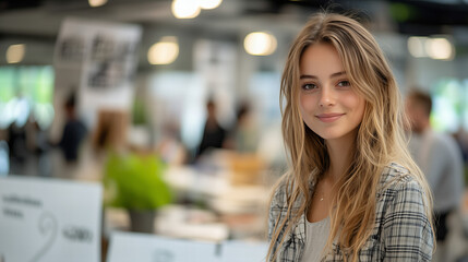 Smiling Young Woman in Patterned Jacket Posing in Modern Office Environment