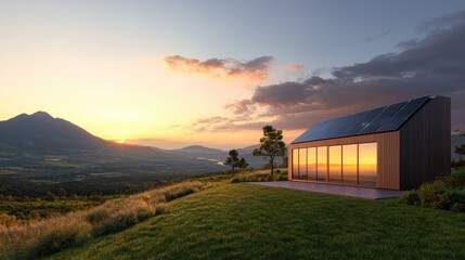 Obraz premium Modern solar house on hilltop at sunset overlooking valley