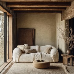 Fototapeta premium Comfortable living room featuring rustic wood accents and soft textiles