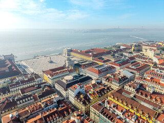 Aerial of historic tourism Praça do Comércio commerce square Lisbon, lisboa