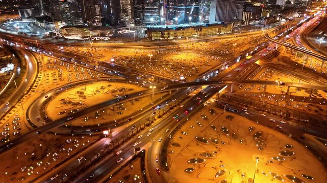 Nighttime Aerial View of Riyad City Lights and Highways. KAFD