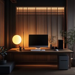 Minimalist workstation featuring wooden desk computer and natural lighting