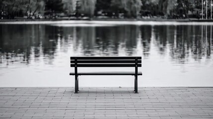 Fototapeta premium Empty Black Bench By A Lake In A Park