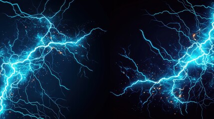 Abstract glowing electric blue lightning strikes on the left, high energy impact, deep dark right background for striking text