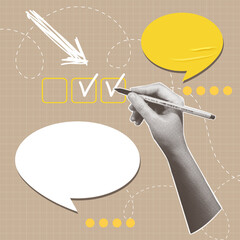 Square Trendy halftone collage featuring a checklist concept. A human hand marking checkboxes correctly.