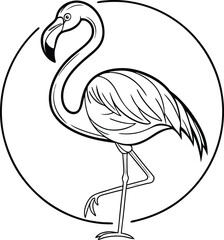 Elegant Flamingo Line Art, Bird, Tropical, Wildlife, Nature, Circle, Design, Graphic, Illustration, 