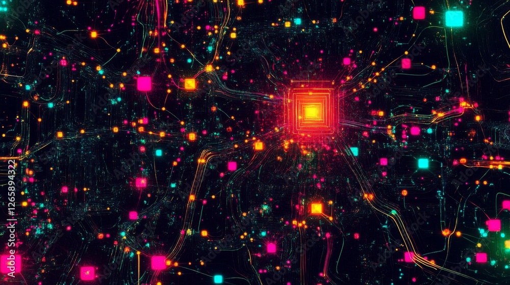 Poster creating neon-colored digital abstraction in machine learning digital space visual art virtual envir