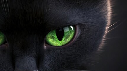 Close up of a black cat's emerald green eyes glowing in the darkness, mysterious and captivating gaze locked onto something unseen