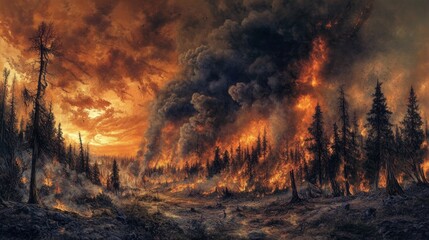 Obraz premium Massive wildfire consuming forest california photo natural landscape aerial view environmental catastrophe