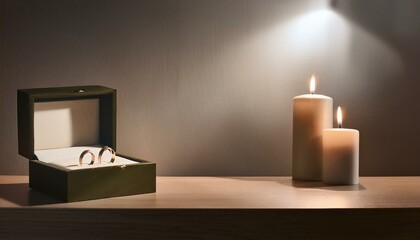 촛불을 켠 조용한 방, 테이블 위에는 두 개의 반지가 얹혀 있는 고급스러운 보석함