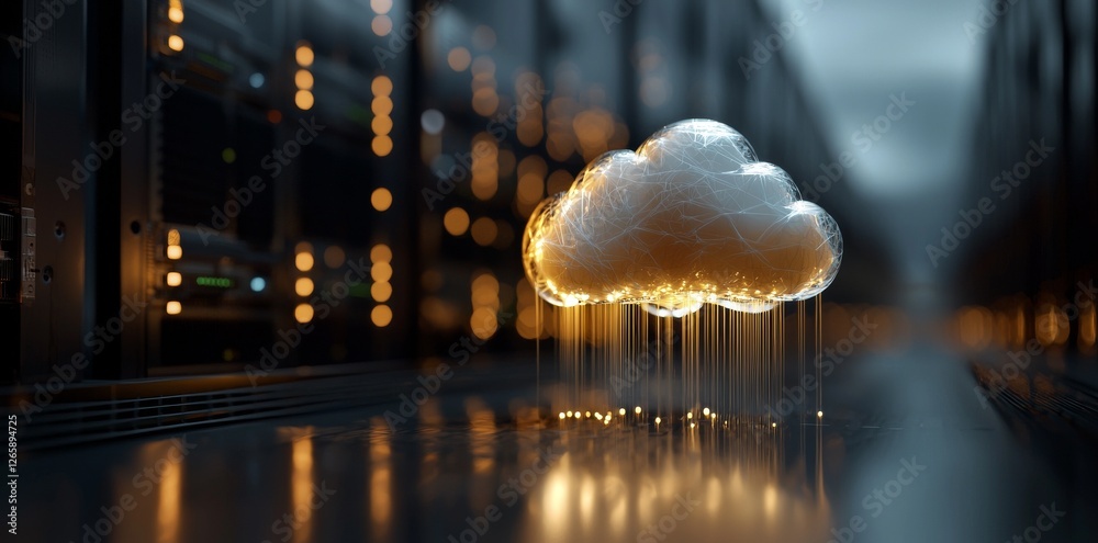 Poster cloud storage is shown in a 3d illustration set against the background of a computer data center for