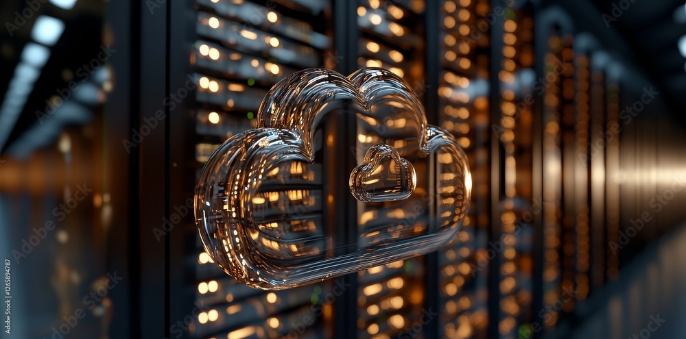 Aufkleber A data center for cloud computing, with a cloud storage system set against a computer data center backdrop, depicted in 3D illustration
