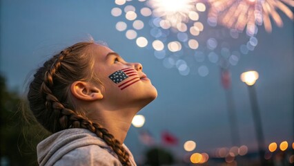 Girl with flag facepaint watching fireworks, festive wonder, celebrating independence against blurred lights backdrop