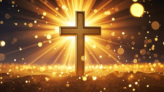Illuminated Golden Cross with Radiant Light and Bokeh Sparkles on a Spiritual Background