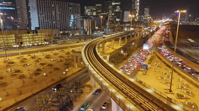 Nighttime Aerial View of Riyad City Lights and Highways. KAFD