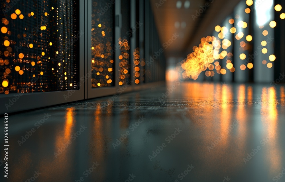 Poster a data center room filled with servers is illuminated by a bright bokeh light that shines down the c