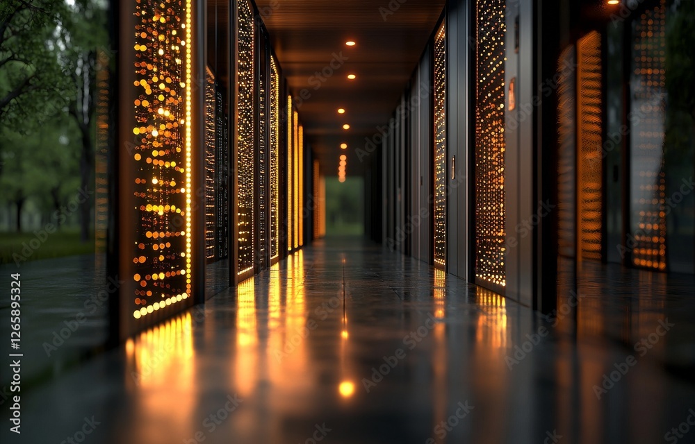 Aufkleber D rendering of a connection network in a server data center room with storage systems