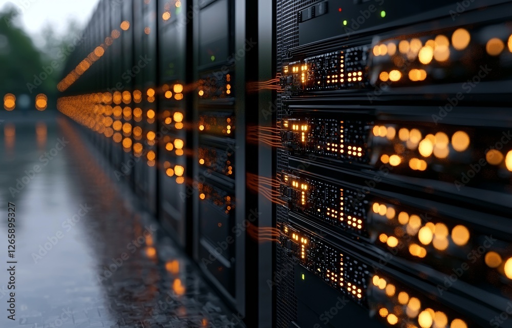 Aufkleber A data center room with storage systems features a 3D rendering of its connection network