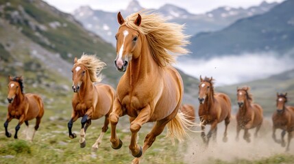 Close up of a group of wild horses running through a misty valley, powerful movement and untamed beauty captured mid stride