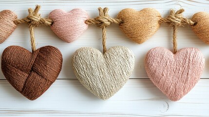 Hanging hearts crafted with twine and string, on a white wooden surface for craft