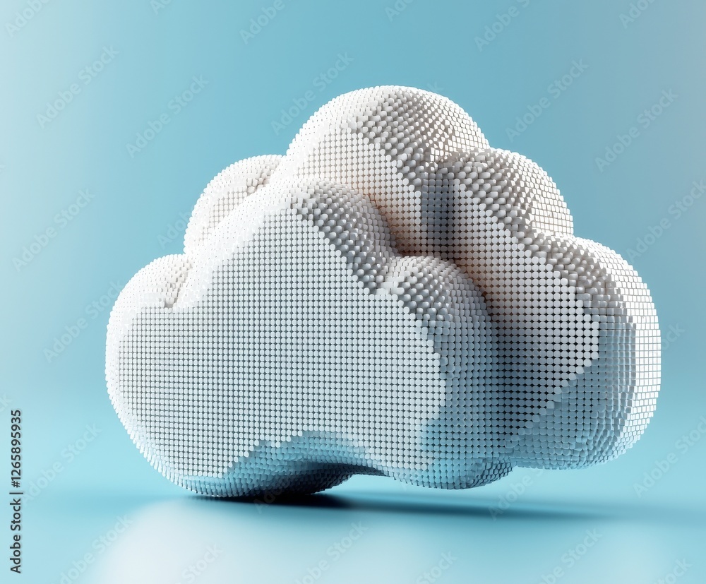 Aufkleber The concept of cloud computing hosting is depicted through white pixel art cloud technology set against a blue background in a 3D render illustration