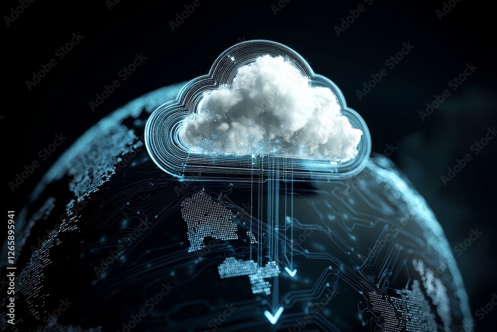 Aufkleber A digital cloud symbol containing an arrow pointing upwards is surrounded by the Earth's layout on an abstract technological background, illustrating the cloud computing concept