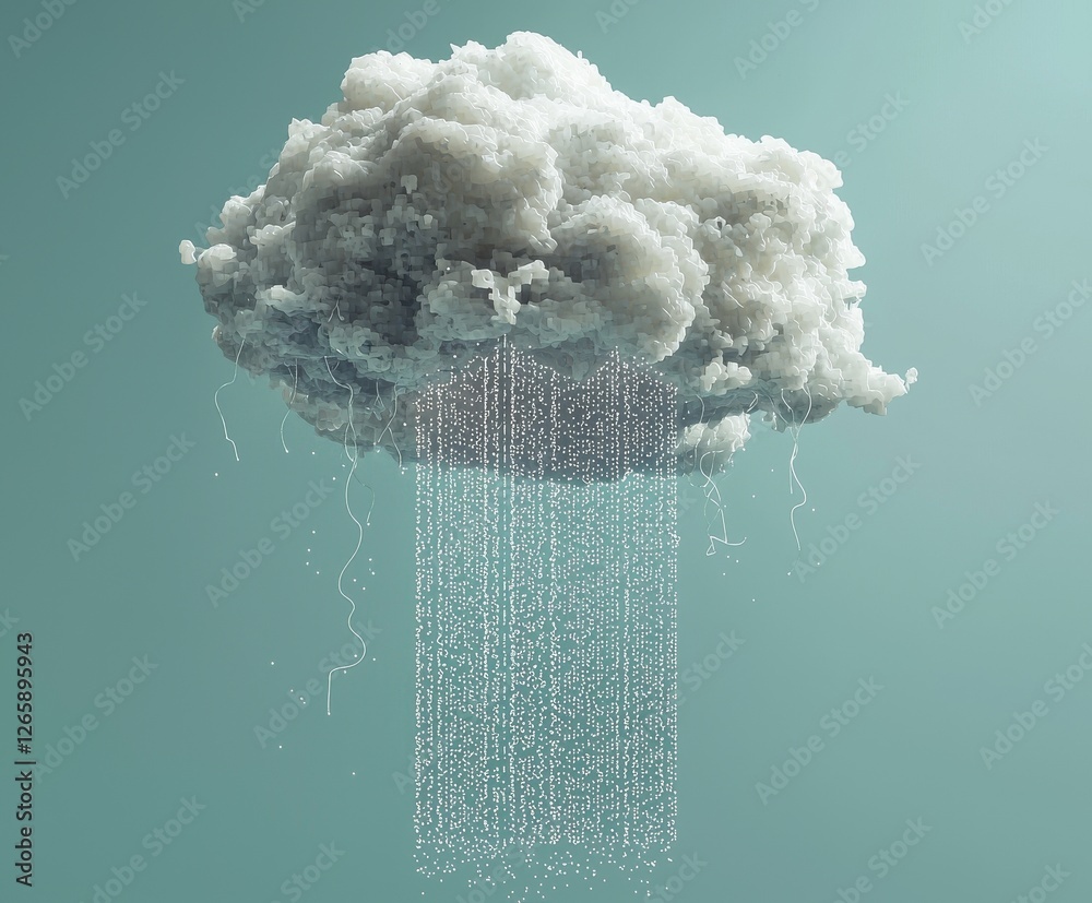 Aufkleber A 3D render illustration depicts the concept of hosting cloud computing services and cloud data storage technology with a pixel art box linked to the cloud against a blue background