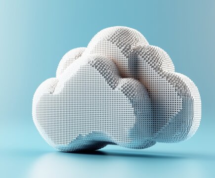 The concept of cloud computing hosting is depicted through white pixel art cloud technology set against a blue background in a 3D render illustration