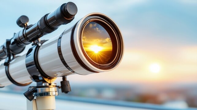 Close up of a telescope aimed at the first light of dawn, golden horizon reflecting in its lens, awaiting discovery