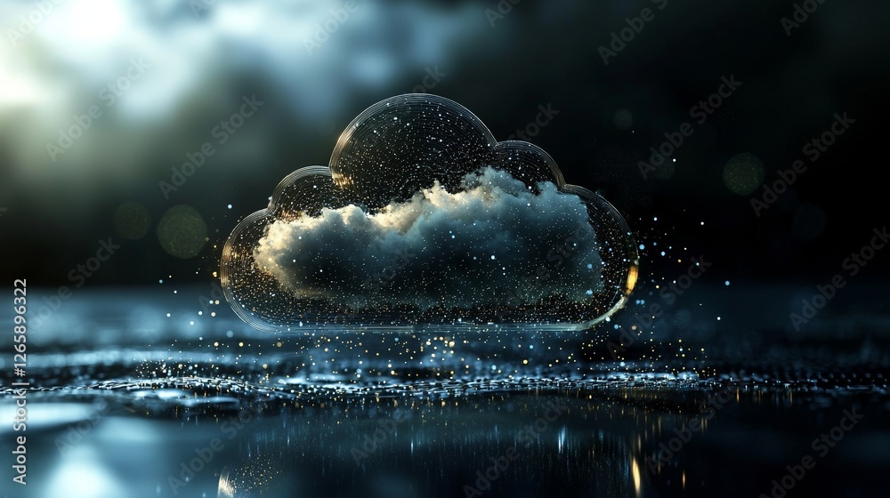 Aufkleber The idea of storage technology involves moving data to cloud computing systems, which feature a large, glowing cloud icon at their center and a smaller cloud icon nestled among polygons on a dark