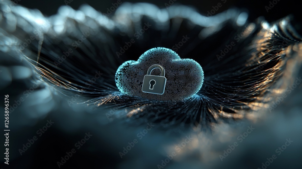 Aufkleber Cloud computing technology is based on the idea of transferring databases to the cloud, represented by a large cloud icon standing out against a dark blue background with polygonal shapes in an