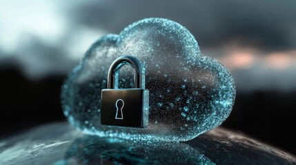 The concept of cloud computing technology encompasses database storage security, backup, and transfer, symbolized by a large cloud icon in an abstract setting with a dark blue background and a