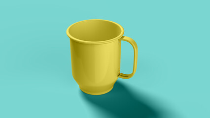 yellow mug in blue scene, left side view