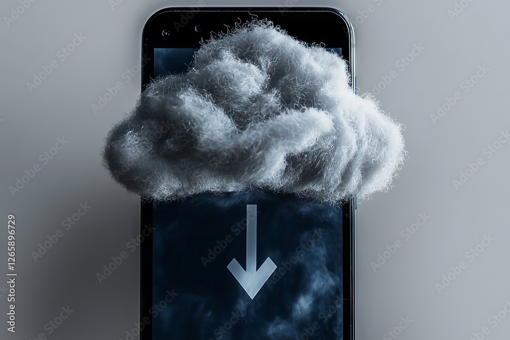Poster cloud storage icon on a smartphone illustrates the concept of cloud computing storage network, empha