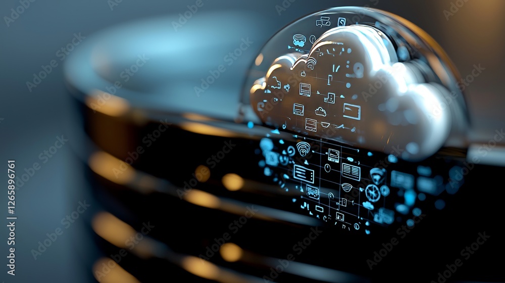 Aufkleber Cloud and edge computing technologies are merged with strong cybersecurity safeguards, featuring a notable large cloud symbol to the right, surrounded by additional icons, with a backdrop of binary