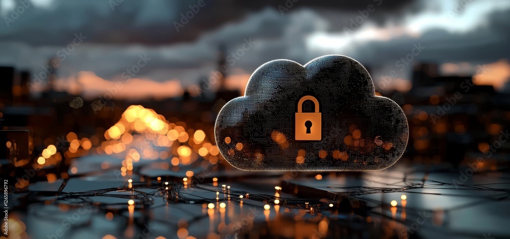 Aufkleber Cloud computing is illustrated in 3D, focusing on the concept and incorporating network security