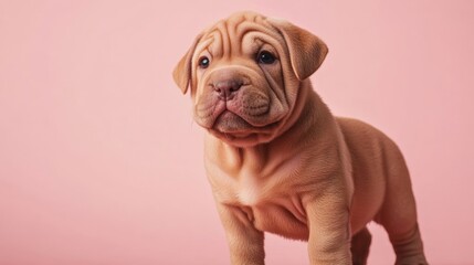 Fototapeta premium Playful Shar Pei Puppy with Wrinkled Skin Against Pink Background