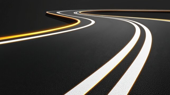 Dark asphalt road texture with glowing white lane markings fading into black, speed and motion concept, ideal for automotive branding