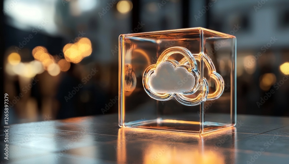 Aufkleber The image features a futuristic hologram with a cloud icon, blue and golden lighting, numerical digits, and a coded background, symbolizing cloud computing, alongside an abstract representation of
