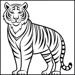 Majestic Tiger, Black and White, Line Art, Animal Illustration, Wild Cat, Coloring Page, Striped Fur