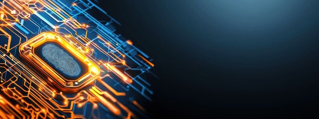 Digital security background with a glowing fingerprint scanner on the left, high tech cybersecurity theme, empty dark space on the right for business branding