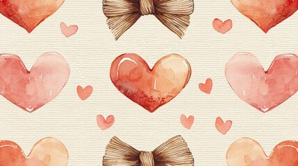 Heart and bow watercolor pattern on beige background. Gift wrap and graphic use