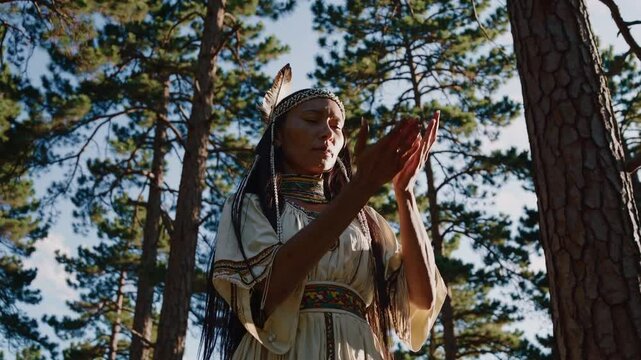 Slow Motion Shot of a Native American Woman &ndash; Graceful and Proud Presence, Traditional Attire with Intricate Beadwork, Flowing Hair in the Wind, Serene Natural Landscape, Warm Sunlight