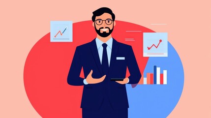 A confident man in a suit holding a tablet, surrounded by graphs and charts, representing business growth and analytics.