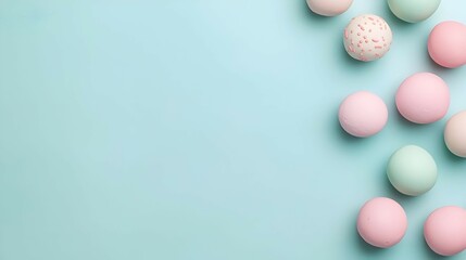 Pastel Eggs and Sweets on Light Blue Background