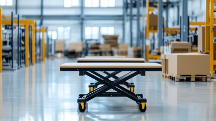 Fototapeta premium Industrial Warehouse with Lift Tables and Cardboard Boxes in a Spacious Storage Environment