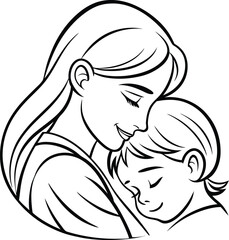 Mothers Love Tender Embrace, Childs Serenity, Family Bond, Black and White Illustration